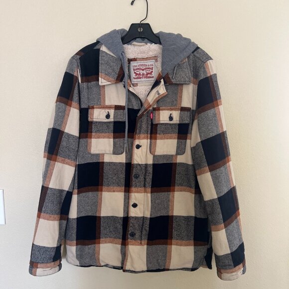 LEVIS MENS FLANNEL JACKET ZIP UP AND BUTON UP FLEECE HOODIE BROWN PLAID SZ S - Picture 1 of 11
